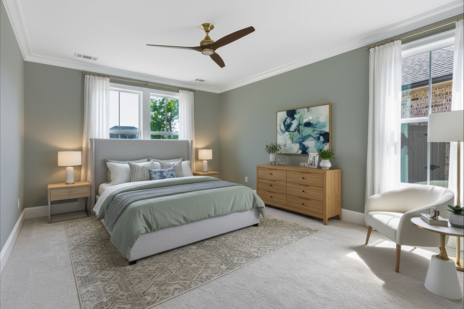 Virtually staged bedroom with green accent wall
